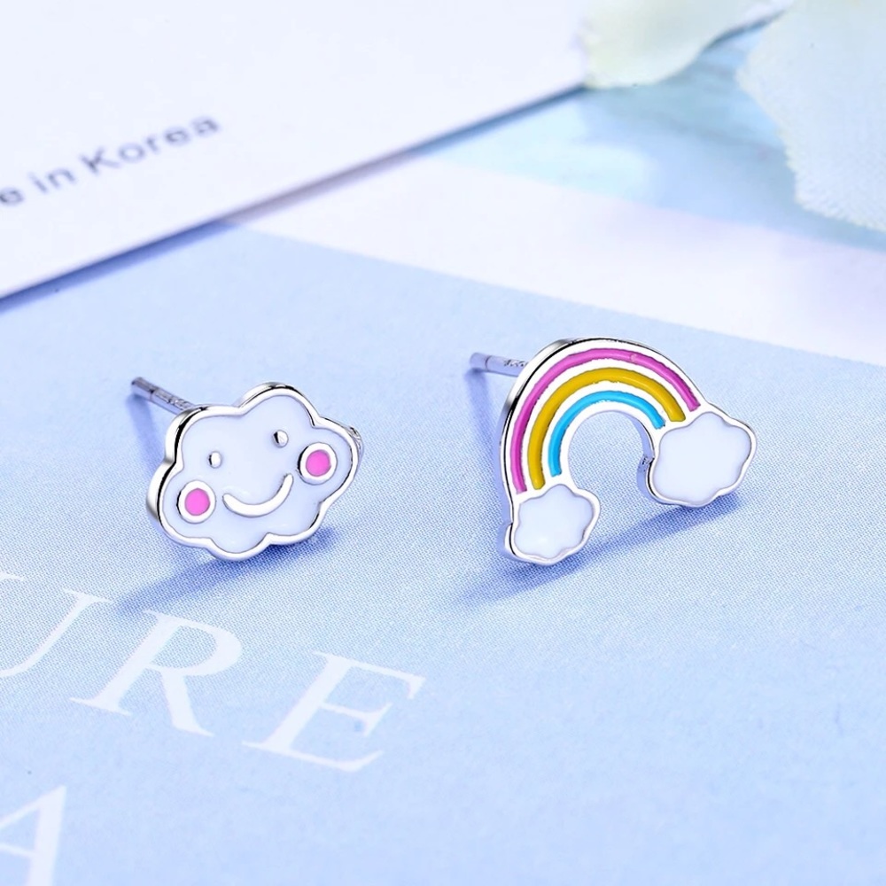 New Rainbow & Happy Cloud Sterling Silver 925 Stud Earrings set